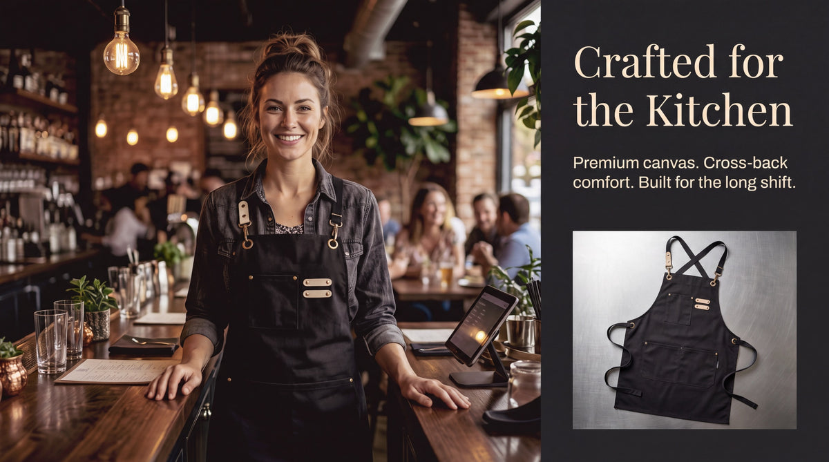 Server wearing The Wine Chic cross-back apron, crafted for the kitchen