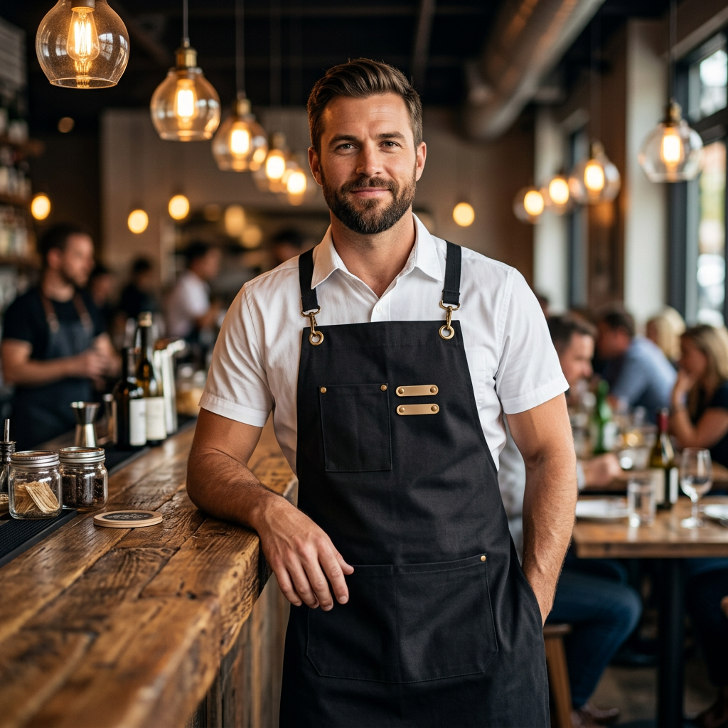Bartender wearing The Wine Chic cross-back canvas apron at the bar