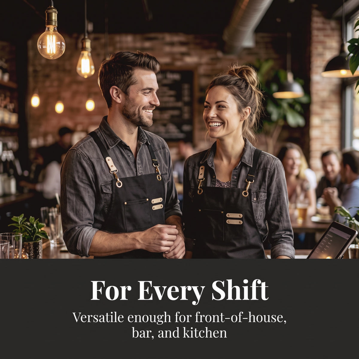 Two hospitality staff wearing The Wine Chic cross-back aprons