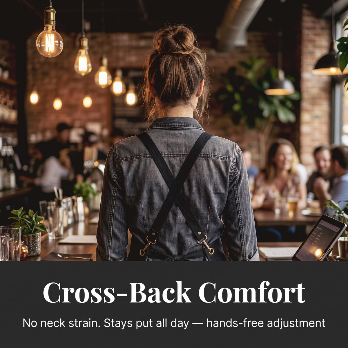 Cross-back strap detail — no neck strain, stays put all shift